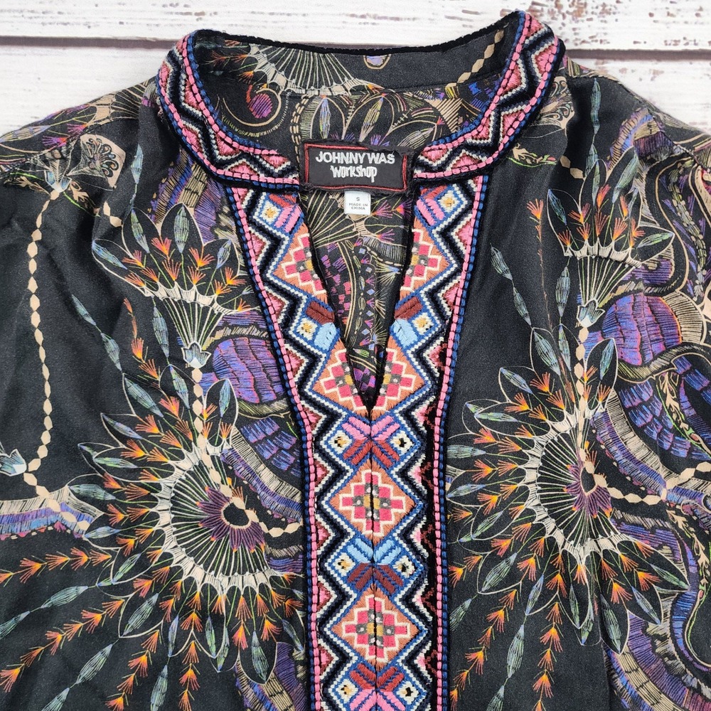 Johnny Was Workshop Rayon Blouse Embroidered Velvet Trim Paisley Boho Top S